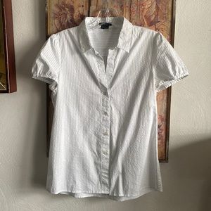 THEORY BRAND STRETCH MINT PINSTRIPE SHORT SLEEVE BUTTON DOWN SHIRT TOP M